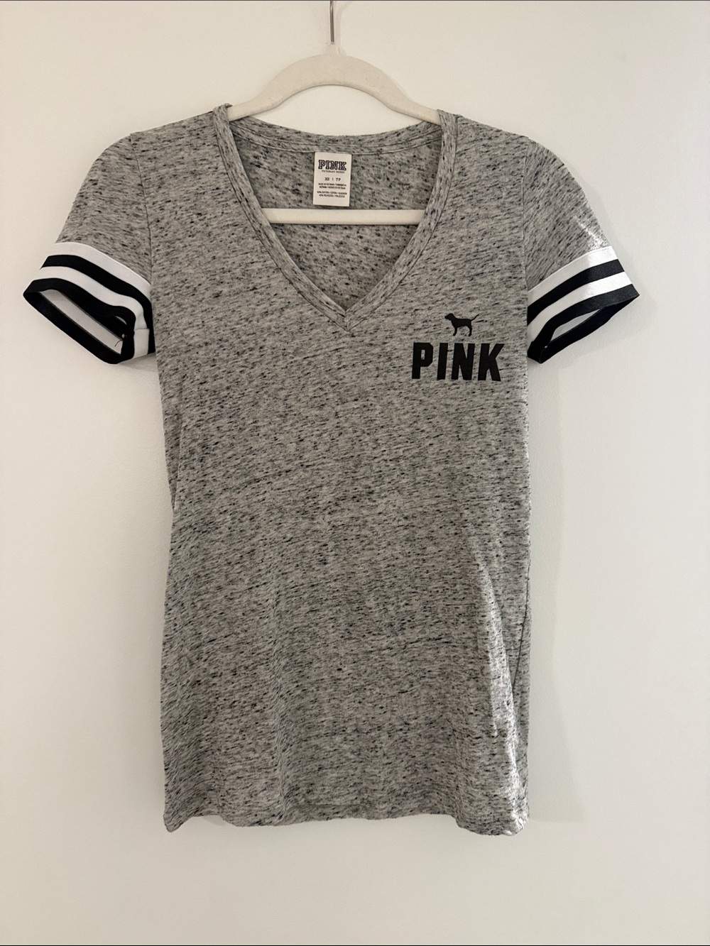 PINK Victoria's Secret Gray Heather V-Neck Tee with Black & White Sleeve Stripes